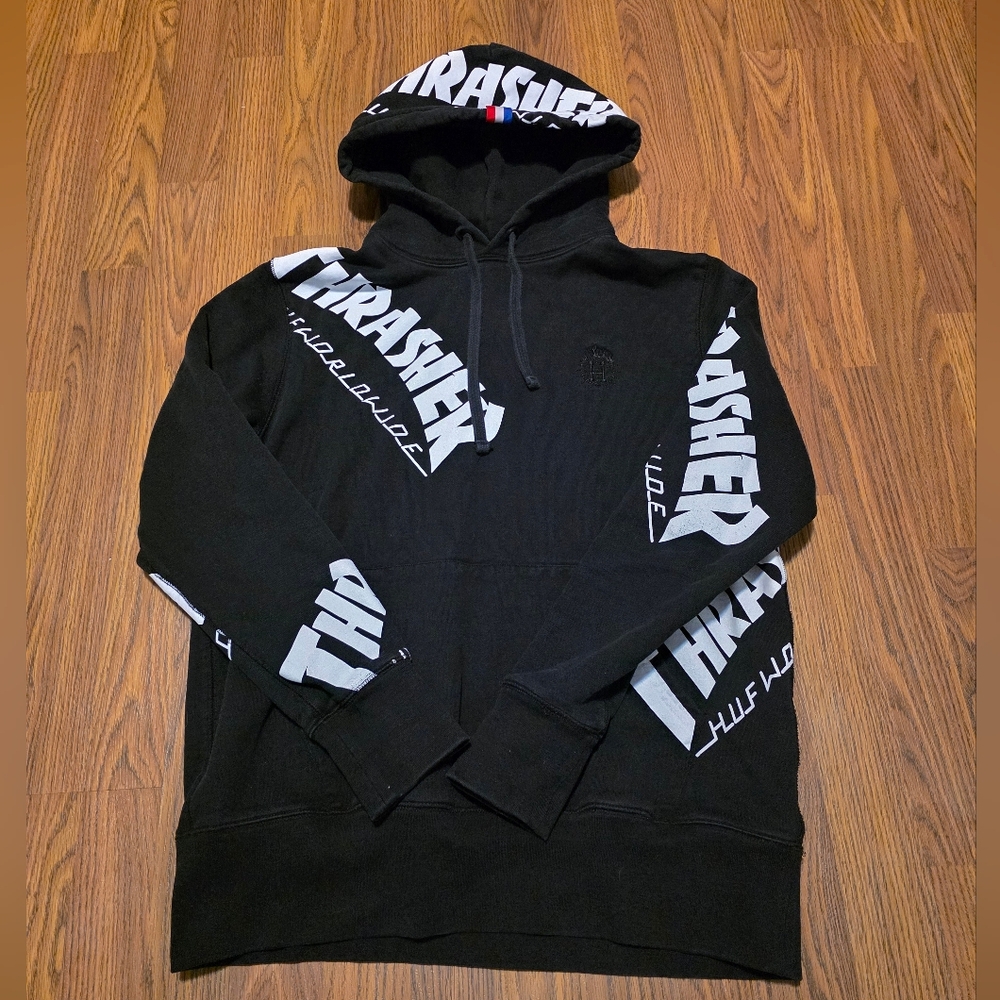 HUF x Thrasher TDS All Over Print Hoodie Black Mens M Skate Streetwear E68